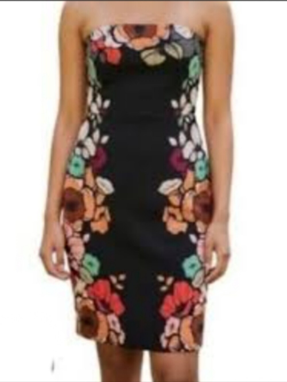 Express Black Strapless Colorful Floral Sheath Midi Dress, 10